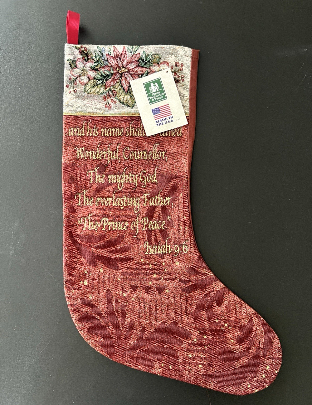 Manual Woodworkers & Weavers Jacquard Poinsettia Christmas Stocking USA NWT New